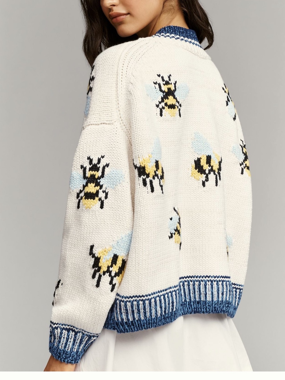Anthropologie Bee Cardigan Sweater Maeve Icon Chunky New Small Ivory Bumblebee - Picture 1 of 12